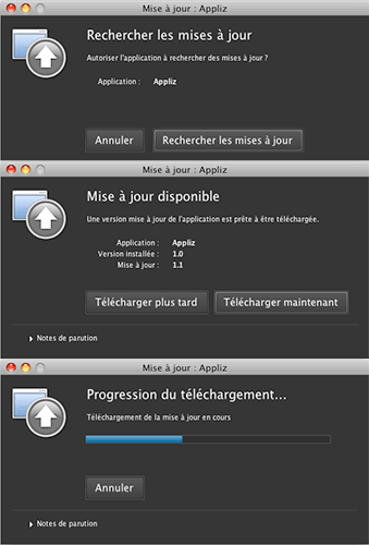 Fenêtres de mise à jour d'une application Air